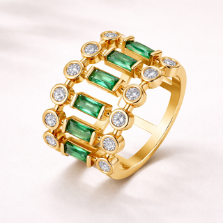 Baguette Gold ring with emeralds and diamonds 