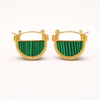 Celeste Gold hoop earrings with green striped stones 