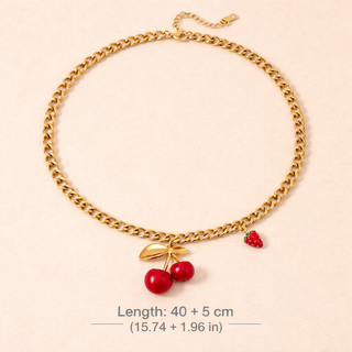 Gold chain necklace with red cherry and strawberry charms 