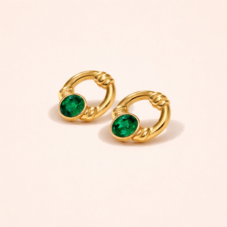 Green Gemstone Gold Hoop Earrings