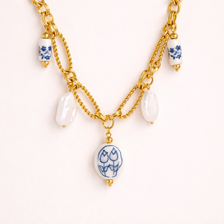 Gold chain Maree Necklace with blue and white ceramic beads 