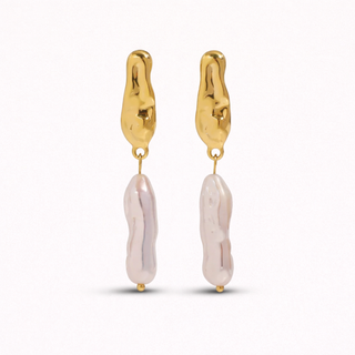 Pearl Drops Gold earrings with pinkish-beige dangling stones 