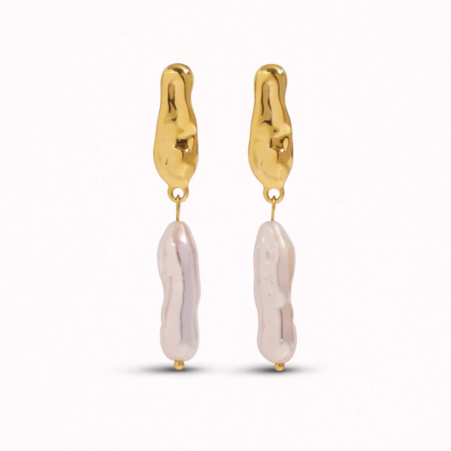 Pearl Drops Gold earrings with pinkish-beige dangling stones 