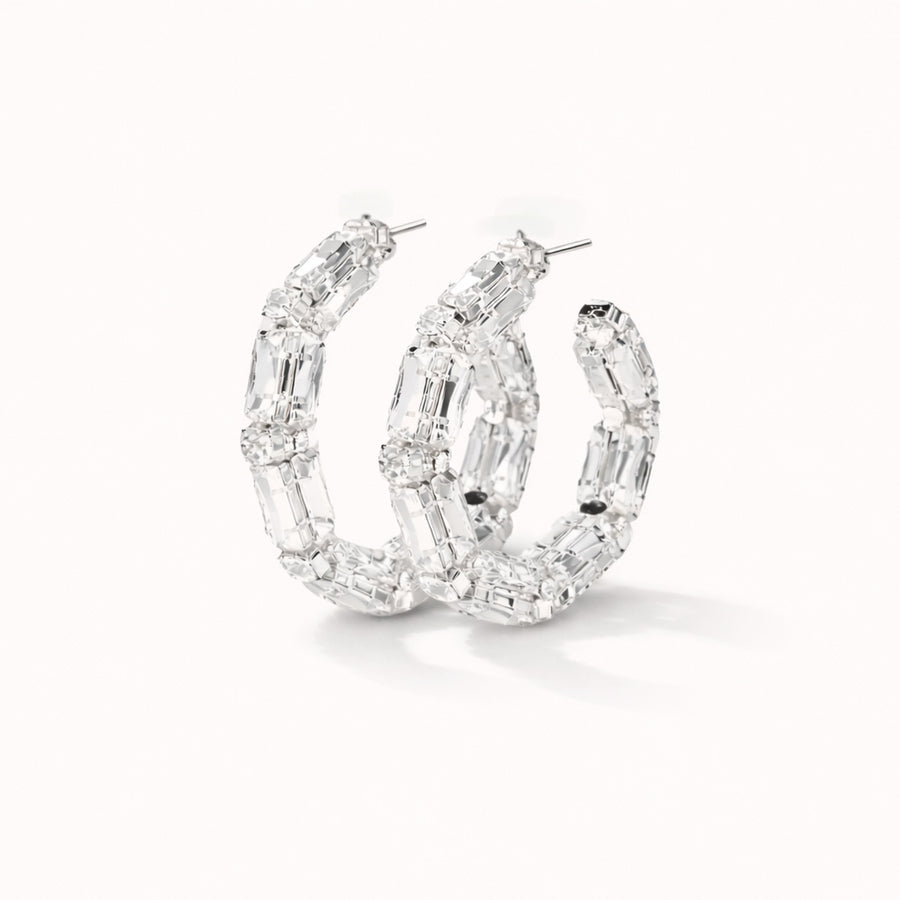 Smoddo_Rania _Baguette _Earrings Diamond hoop earrings on a white background