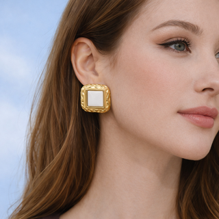 Modern square white agate studs in a sleek gold-plated bezel setting. 