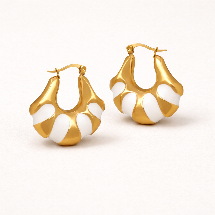 Gold and white Striped Hoops earrings 