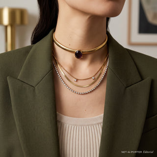 Amber Resin Choker worn with layered necklaces, styled with an olive jacket
