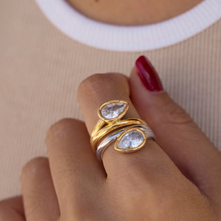Close-up of the Bezel Elongated Ring worn on a hand