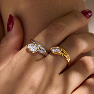 Bezel Elongated Ring stacked with another ring, worn on a hand