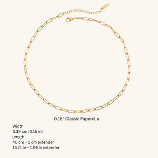 Gold chain necklace with paperclip links on a white background