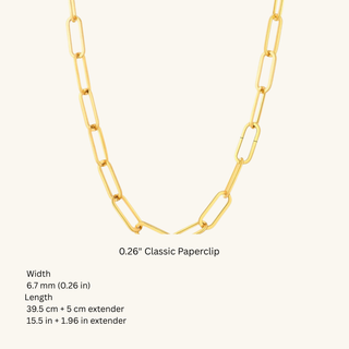Gold paperclip chain necklace with measurements on a white background