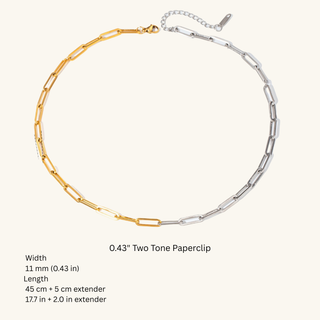 Two-tone paperclip necklace with gold and silver links on a white background