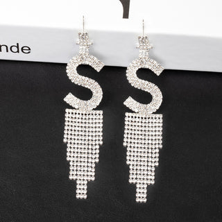 smoddo Silver tassel earrings letter S with rhinestone details on a black background