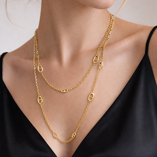 Gold chain necklace on a person wearing a black top against a neutral background