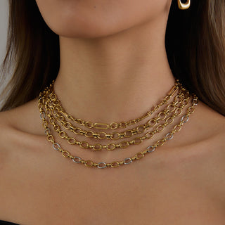 Gold chain necklace on a person with a neutral background