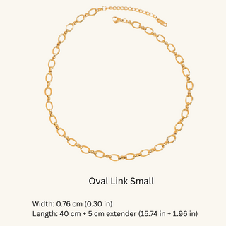 Gold oval link necklace on a white background with measurements.