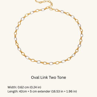 Two-tone oval link necklace on a white background